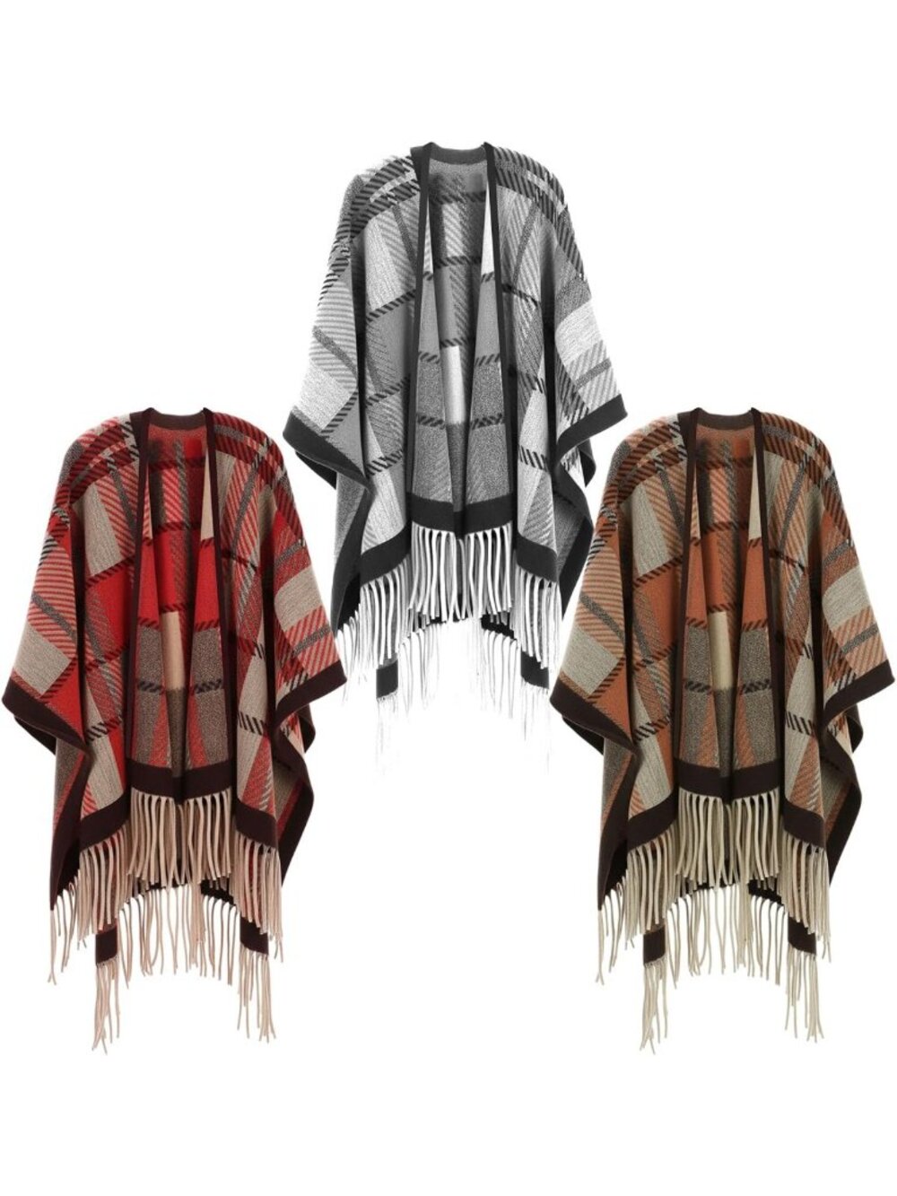 Cozy 3-Pack Christmas Poncho Shawl Wraps | Boho Plaid Soft Capes with Tassels